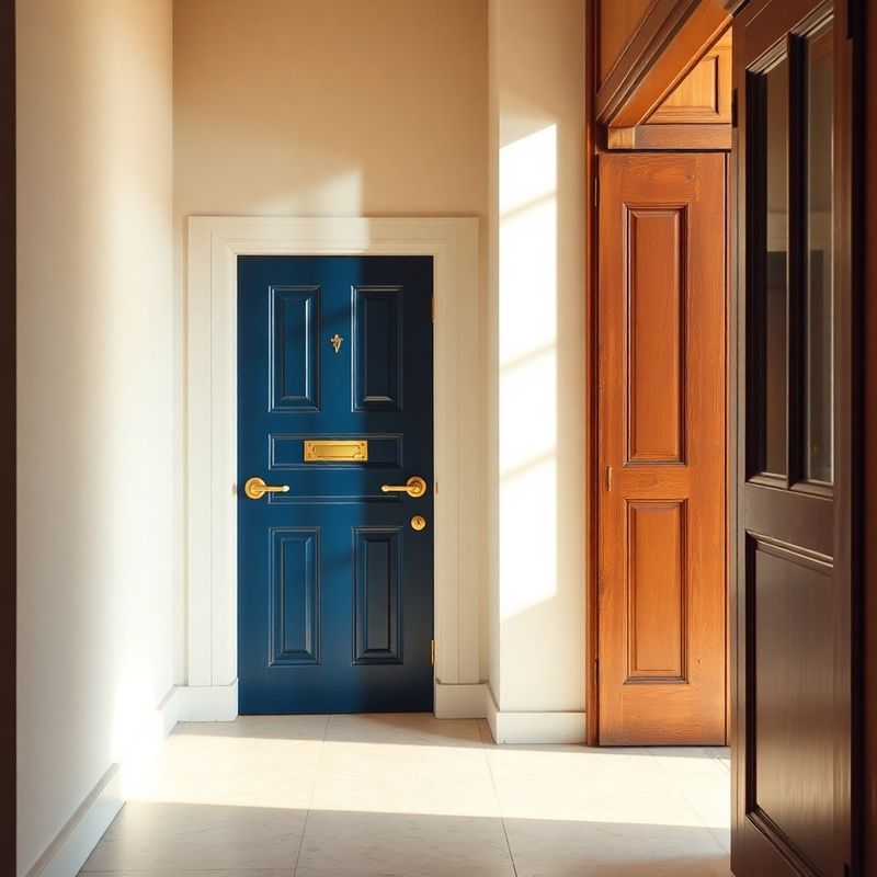 Warm-white entrance hallway with deep inkblue door and brass fittings
