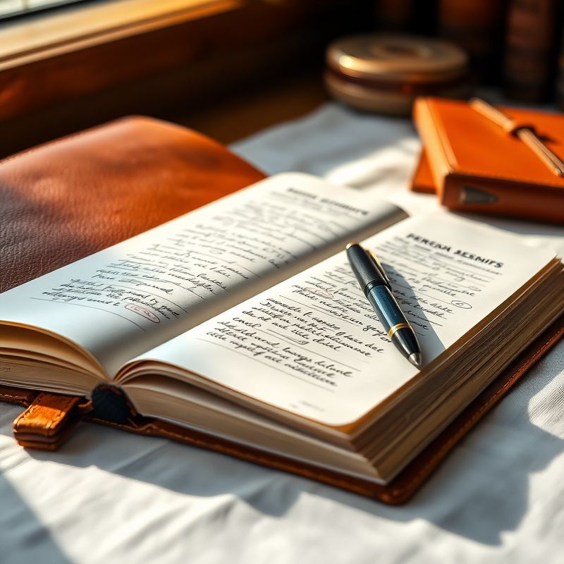 Leather-bound dossier with handwritten annotations and an inkblue pen