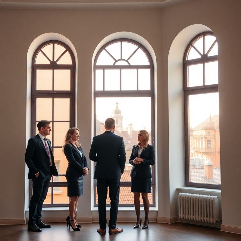 Three advisors in conversation beside tall arched windows in the Brașov office