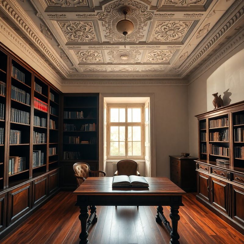 Wide view of the restored Brașov office interior with inkblue bookshelves